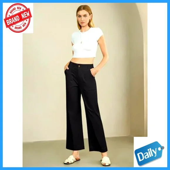 High Waisted Wide Leg Cropped Pants, Stretch Cotton Blend, Casual Office Wear - Picture 6 of 7